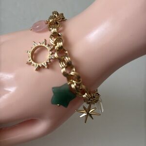 Luna Norte Toggle Brass Bracelet Gold Color w Green and Pink Stones Accents